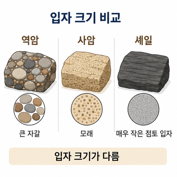 자갈 크기의 역암, 모래 크기의 사암, 작은 점토 입자의 셰일을 입자 크기 순서로 비교한 이미지