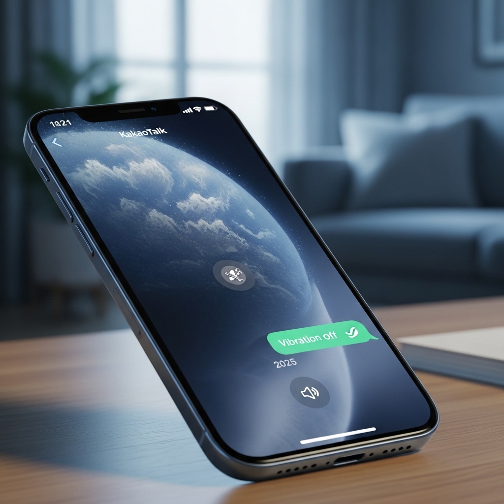 차분한 푸른색 배경에 카카오톡 채팅 화면이 열려 있고 진동 꺼짐 아이콘이 보이는 아이폰.