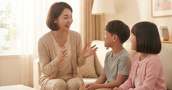 엄마와 아이가 마주 보고 웃는 모습