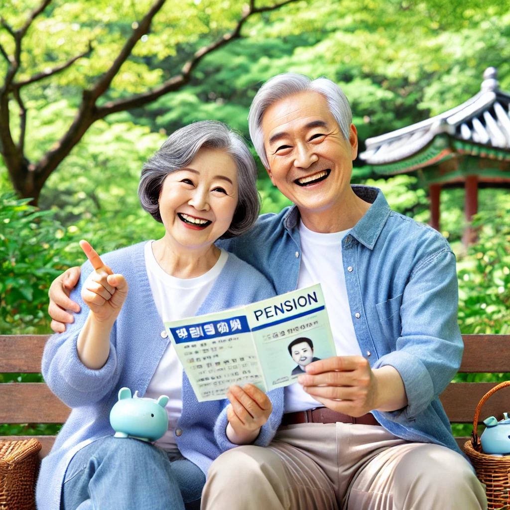 공원에서 연금 문서를 자랑스럽게 보여주는 한국의 노부부