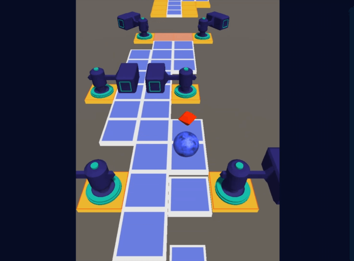 롤링스카이-게임하기-플레이-회전하는-망치-장애물을-피하기-위해-공을-컨트롤-하는-화면