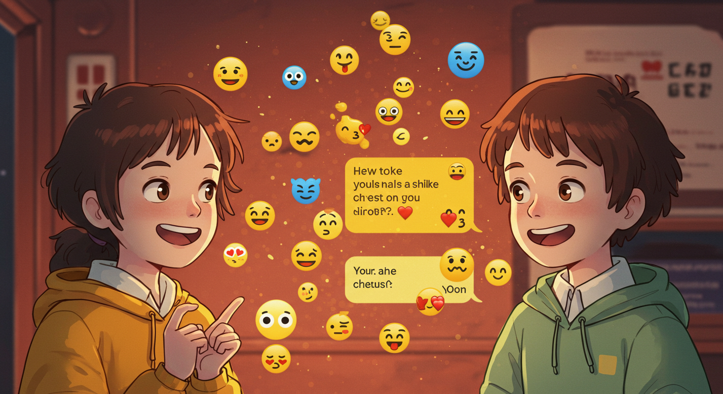 카카오톡 이모티콘으로 즐겁게 대화하는 두 사람