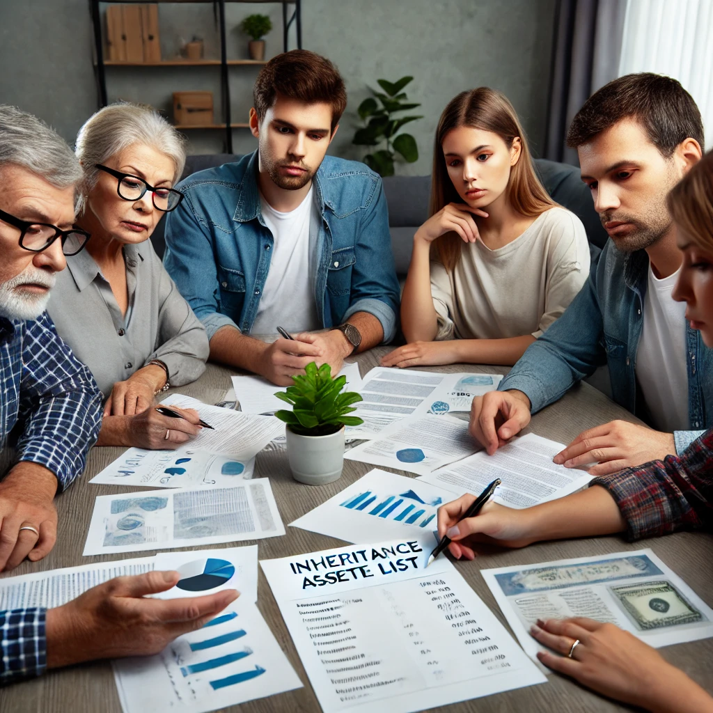 "상속 서류 준비를 위한 법률 서비스 안내": 법무법인의 법률 서비스 브로슈어와 상속 관련 서류가 테이블에 놓여 있는 모습.