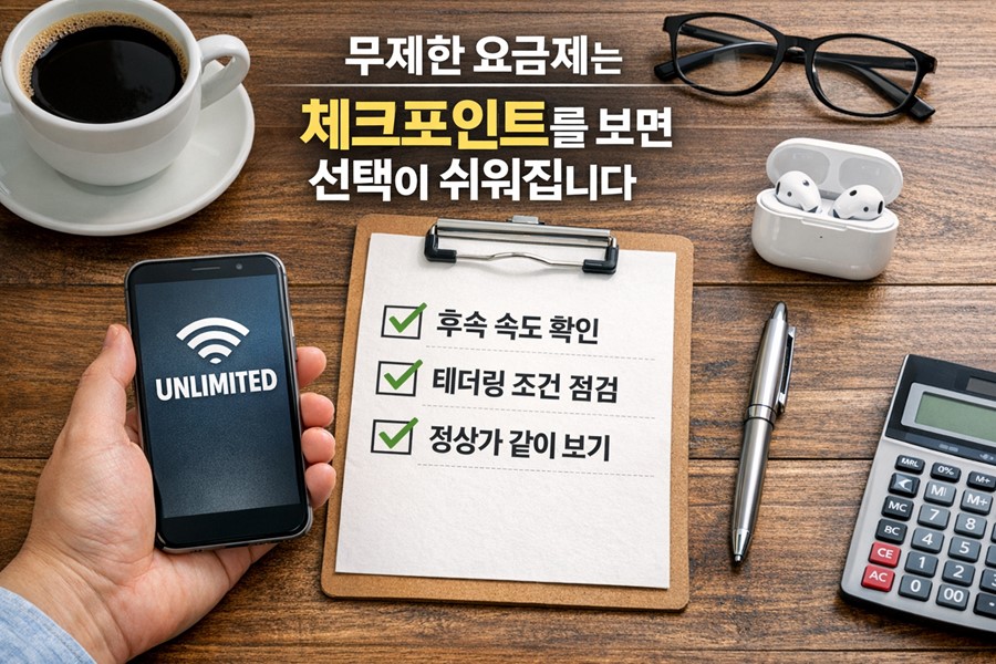 데이터 무제한 요금제를 선택할 때 후속 속도, 테더링 조건, 정상가를 함께 점검하는 체크리스트 이미지