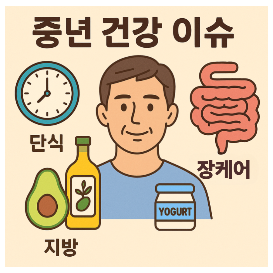 중년의 건강 이슈(단식, 지방, 장케어)에 대한 일러스트