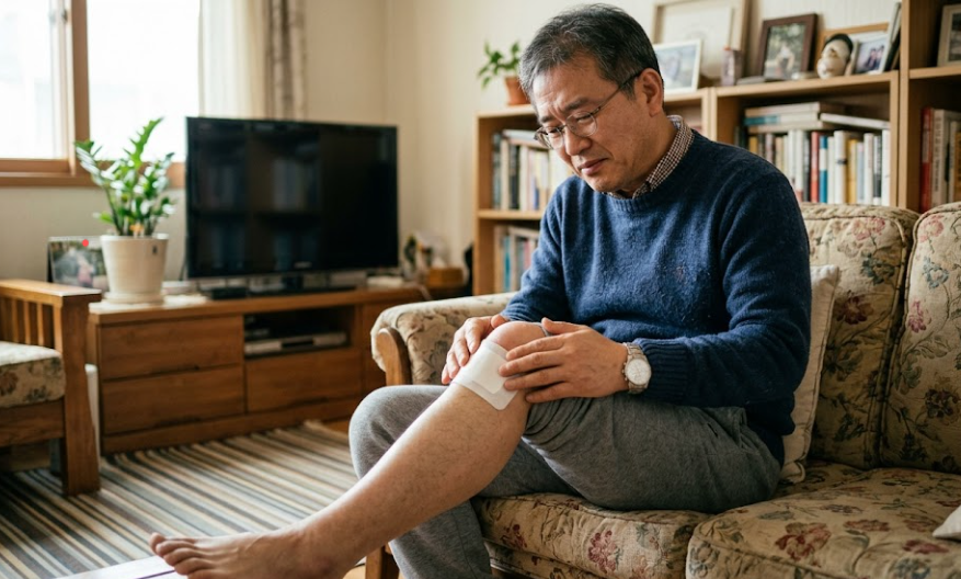 무릅관절이 아파 파스를 붙인고 있는 시니어