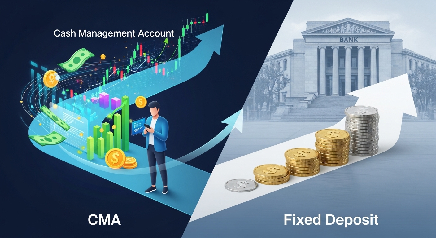 고금리 시대 증권사 CMA와 은행 정기예금의 장단점과 수익률을 비교하는 모습. 유동적인 CMA와 안정적인 정기예금 중 현명한 선택을 위한 금융 재테크 이미지.