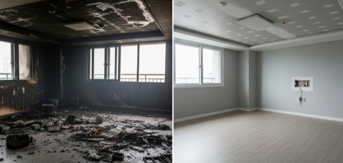 아파트 화재 복구 전후