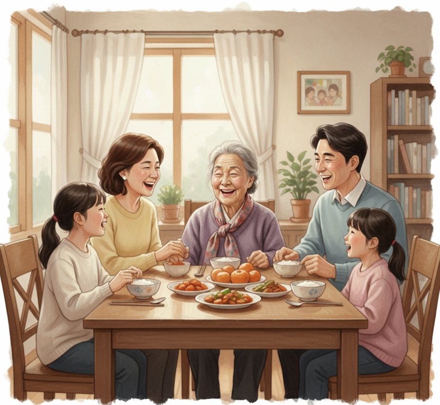 치매어르신이 식탁에서 가족들과 대화하는 모습