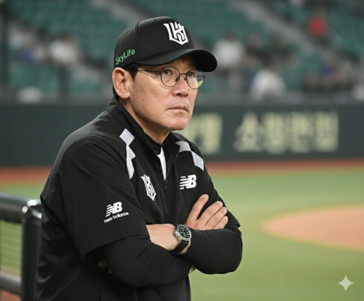 이강철 감독이 더그아웃에서 팔짱을 끼고 그라운드를 응시하며 깊은 고민에 빠진 모습