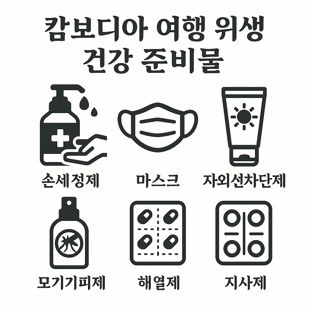 손세정제, 마스크, 자외선차단제, 모기기피제, 해열제, 지사제 아이콘 포함