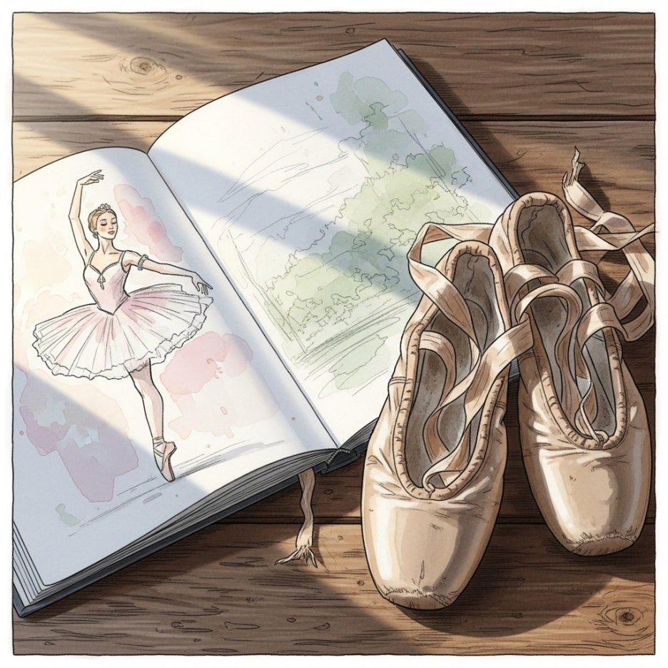 오래된 발레 슈즈 옆에 놓인 펼쳐진 책