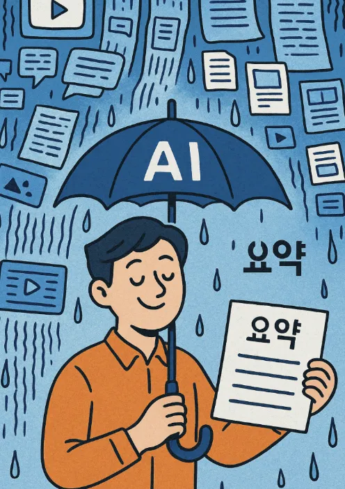 AI 우산을 쓰고 정보 폭풍 속에서 요약문을 들고 있는 사람의 일러스트 – 영상과 텍스트 정보의 홍수 속에서 AI가 요약을 제공하는 모습을 표현.