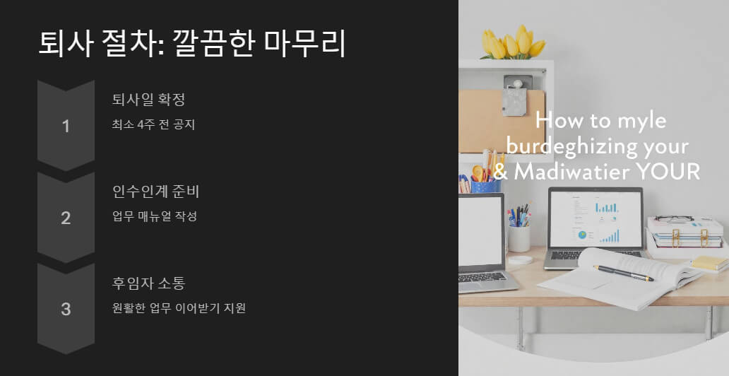 왼쪽에 퇴사 절차의 주요 항목: '퇴사일 확정', '인수인계 준비', '후임자 소통'이 적혀 있으며, 오른쪽에는 깔끔하게 정리된 사무실 책상 사진. 정돈과 조직적인 퇴사 과정을 상징