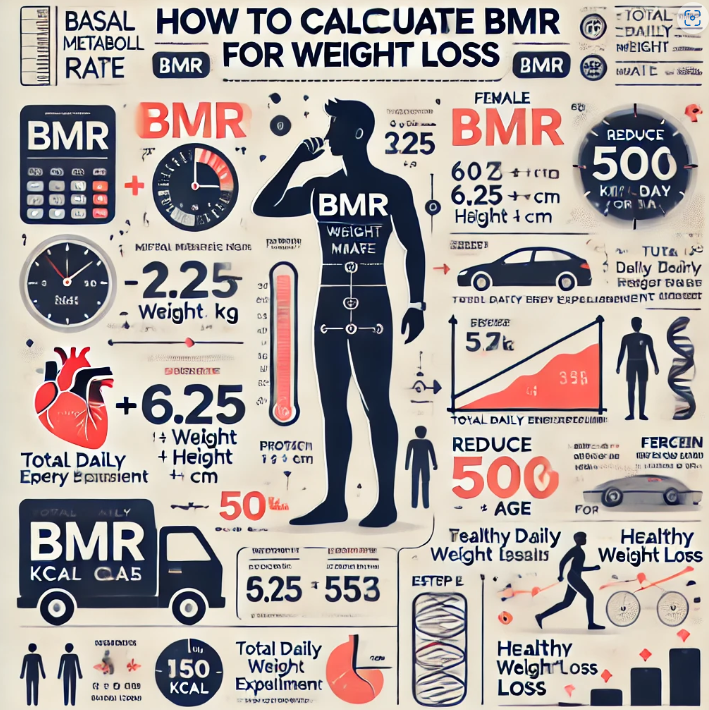 체중 감량을 위한 기초대사량(BMR) 계산법을 설명하는 인포그래픽. 남성과 여성의 BMR 계산 공식이 포함되어 있으며, 활동 수준에 따른 총 에너지 소비량(TDEE) 계산법, 하루 500kcal 감량 전략, 건강한 체중 감량 팁이 시각적으로 정리되어 있다. 시계, 체중계, 심장, 달리는 사람 등의 아이콘이 사용됨.