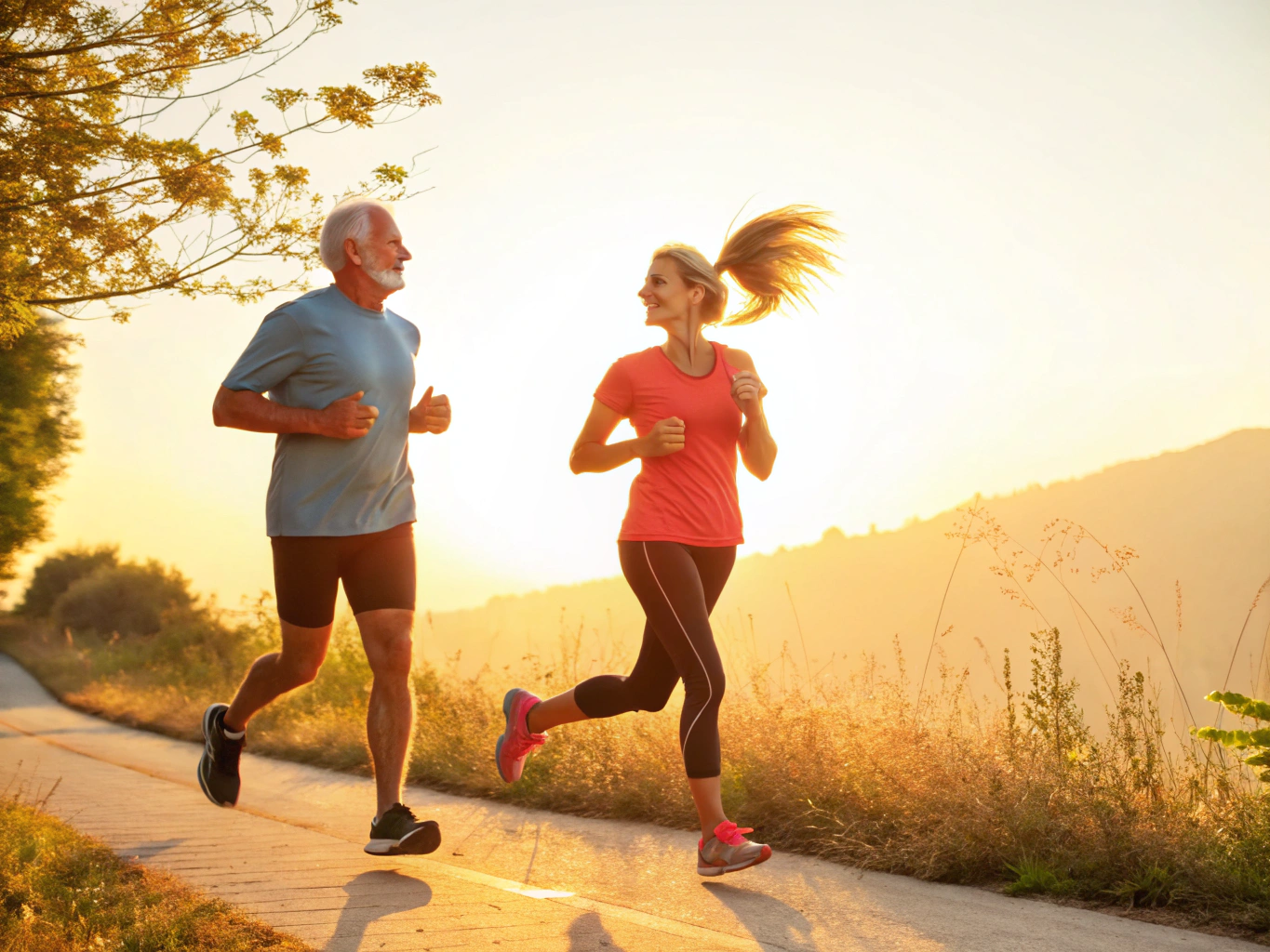 중년의 남성과 여성이 조깅을 즐기는 모습