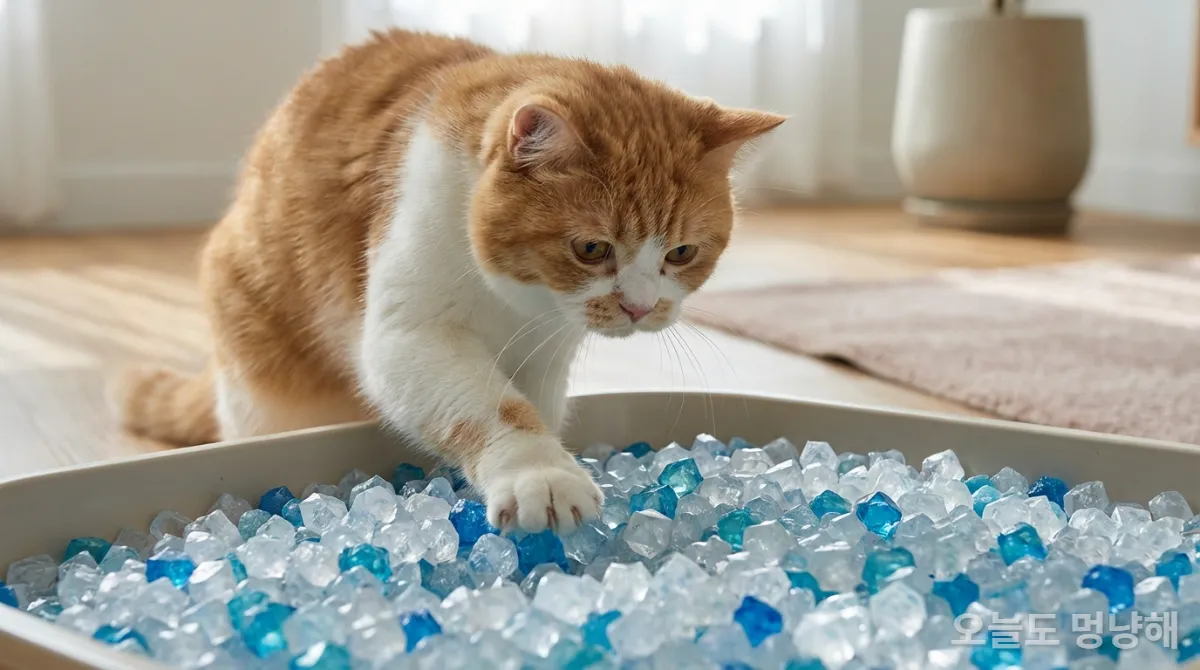 딱딱한 실리카겔 모래를 밟고 불편해하는 고양이