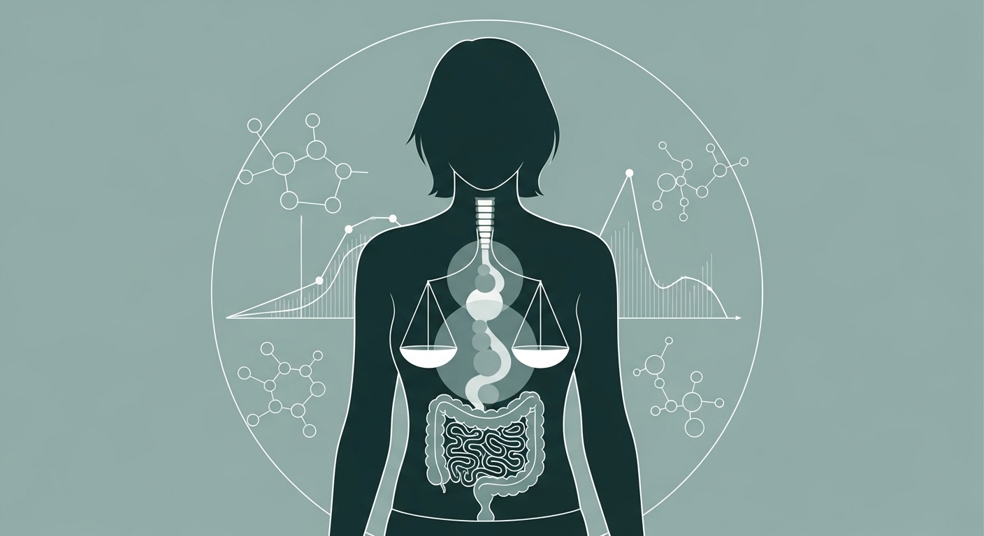 애플사이다비니거 섭취 후 개선된 대사 활동과 소화를 상징하는 사람의 실루엣과 내부 기관 그림. 건강한 체중 관리와 소화 개선의 균형을 나타냅니다.