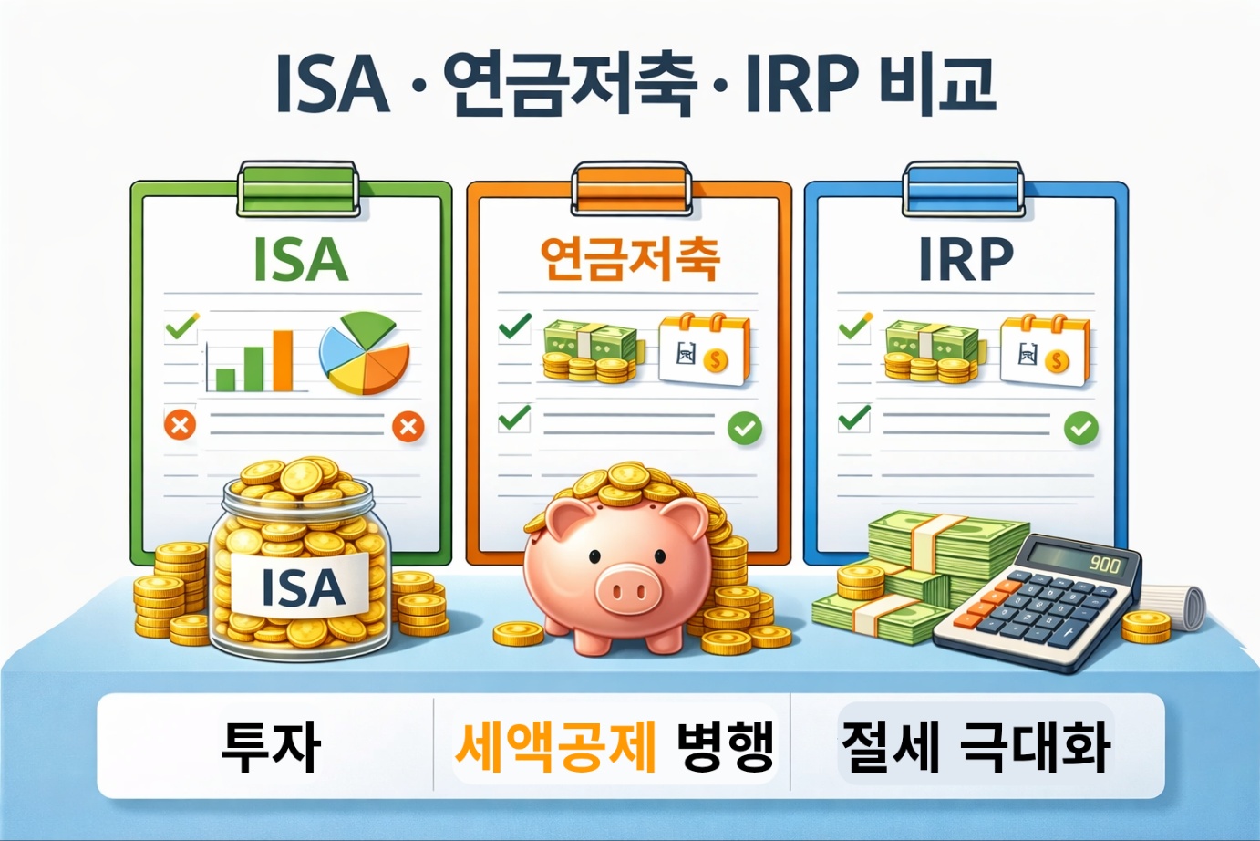 ISA·연금저축·IRP를 투자용, 세액공제용, 절세 극대화용 계좌로 구분해 설명한 절세 전략 다이어그램