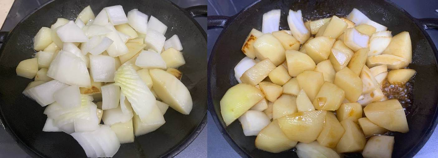 왼쪽 사진은 감자와 양파가 냄비에 있는 사진이다.
오른쪽 사진은 감자와 양파가 양념에 졸여지고 있는 사진이다.