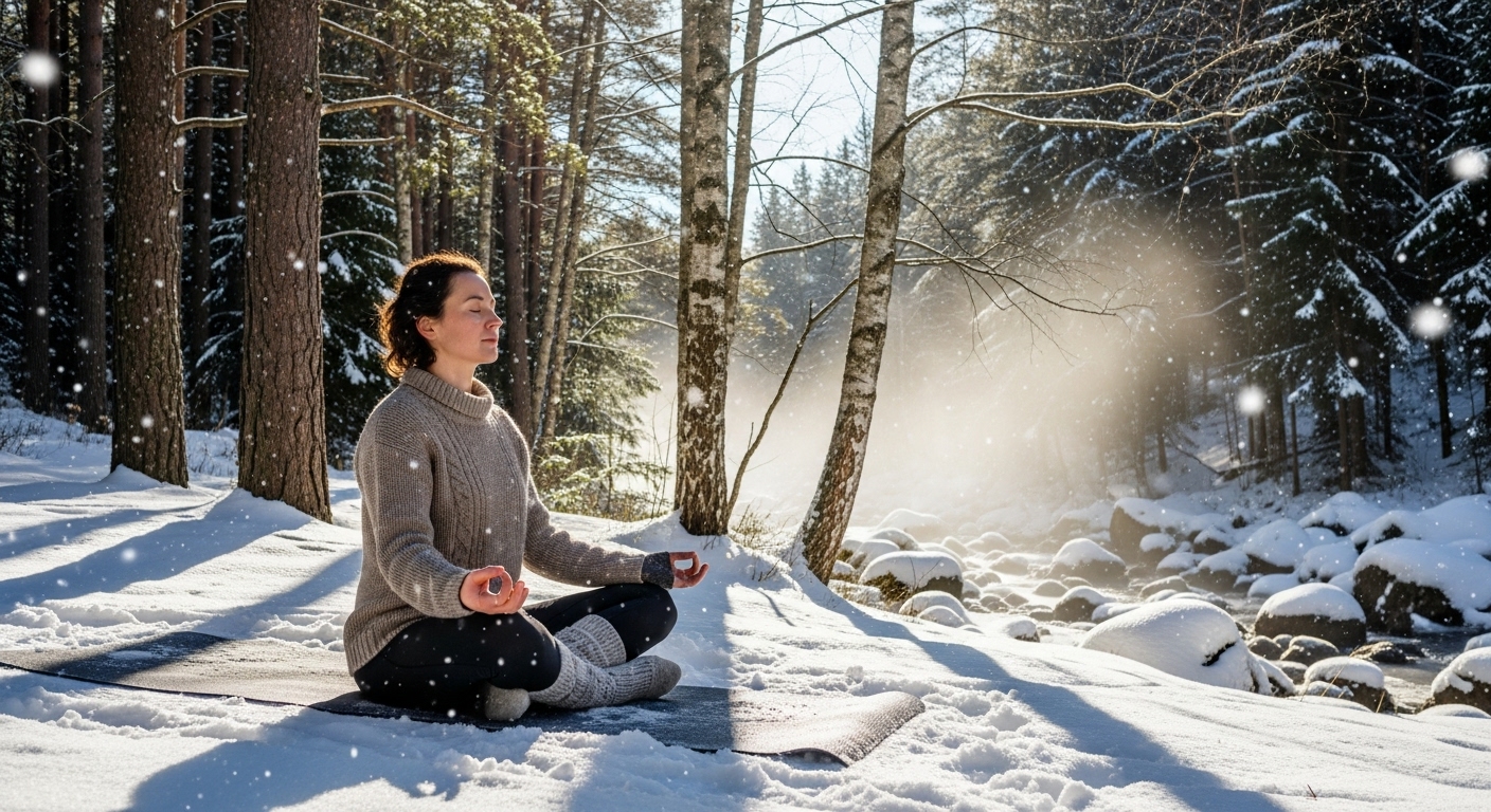 눈 덮인 숲속에서 명상하며 평온하게 자연과 교감하는 사람의 뒷모습.