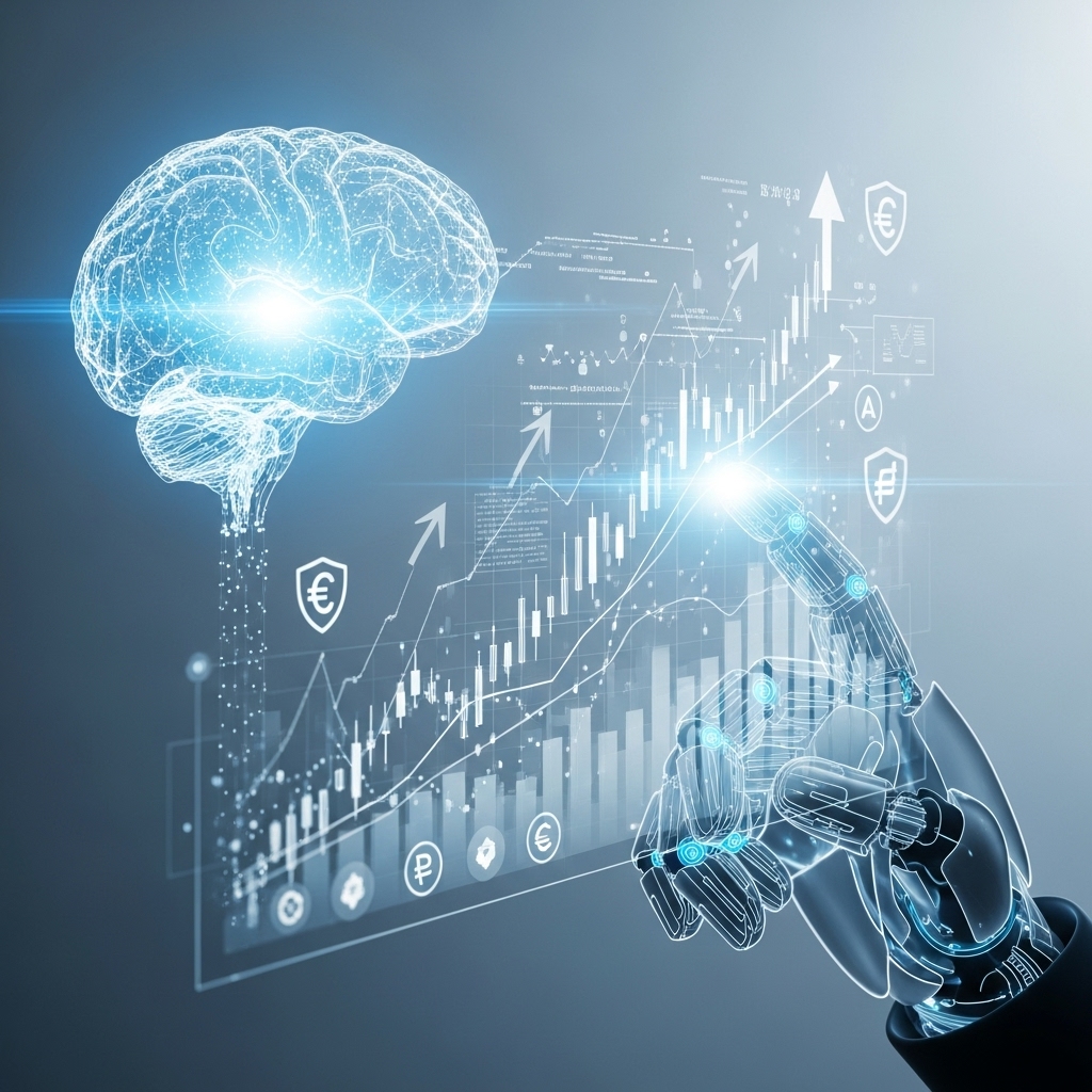 AI 투자 앱과 함께 성장하는 개인 자산을 상징하는 이미지. 파란색과 회색 톤의 배경에 인공지능이 금융 차트와 디지털 자산을 관리하는 모습.