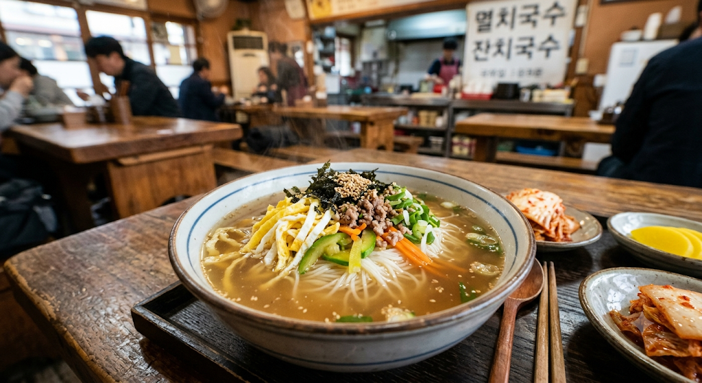김이 모락모락 나는 맑고 진한 멸치 육수에 담긴 탱글탱글한 소면과 그 위에 정갈하게 고명으로 올라간 채 썬 애호박, 당근, 그리고 매콤한 양념장이 얹어진 먹음직스러운 잔치국수 한 그릇.