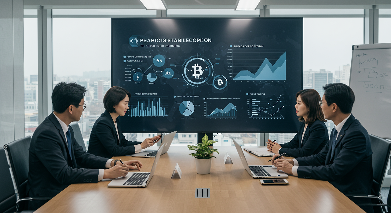 회의실에서 스테이블코인 정책에 대해 논의하는 전문직 종사자들