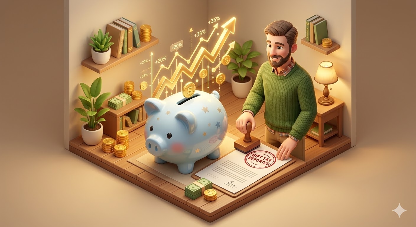 아이의 돼지저금통에서 황금빛 주식 차트가 솟아오르고, 옆에서 아빠가 흐뭇하게 '증여세 신고 완료' 도장을 찍고 있는 따뜻한 감성의 3D 일러스트