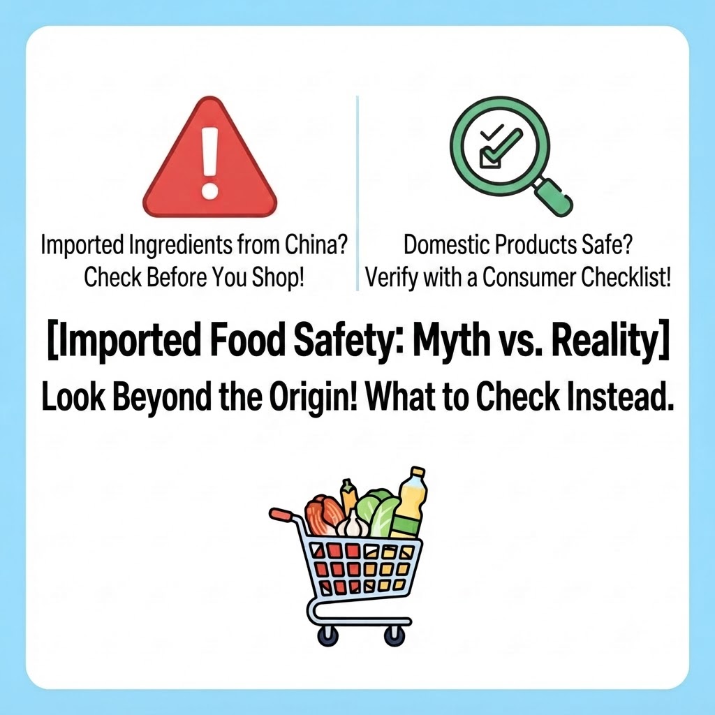 A blog post thumbnail image covering the safety and truth behind Chinese ingredients, featuring warning text at the top and a grocery cart illustration in the center.