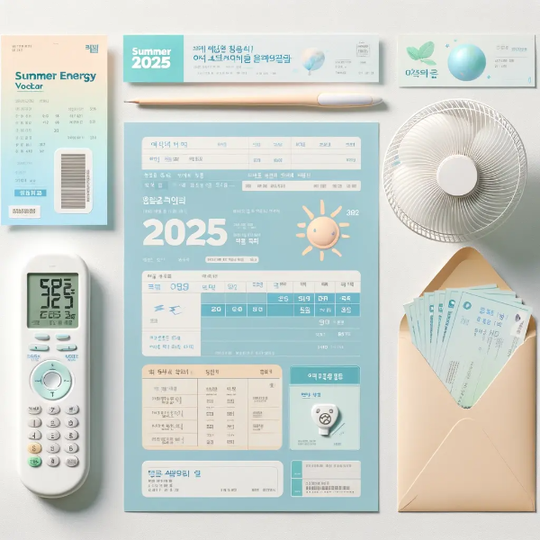 하얀 배경 위에 여름 에너지바우처 관련 신청서, 전기요금 고지서, 리모컨, 봉투가 정리된 스튜디오컷 이미지