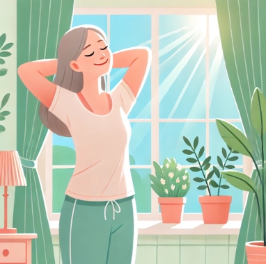 햇살 아래 창가에서 활력을 되찾은 중년 여성의 미소와 아침 스트레칭 장면