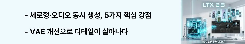 LTX 2.3: "세로형&middot;오디오 동시 생성, 5가지 핵심 강점"이라는 문구가 포함된 웹배너 이미지. 이 이미지는 LTX 2.3의 세로형 영상 네이티브 지원, 오디오-비디오 동시 생성, VAE 아키텍처 개선 등 주요 업그레이드 사항을 시각적으로 전달하며, 블로그의 LTX 2.3 장점 분석과 관련된 내용을 설명함 (LTX 2.3 features: vertical video, native audio generation, improved VAE)