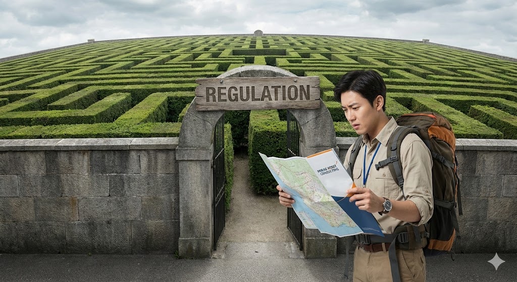 '규제(Regulation)'라고 쓰인 높고 복잡한 미로 앞에서, 미래에셋컨설팅이라는 지도를 든 탐험가가 길을 찾는 모습