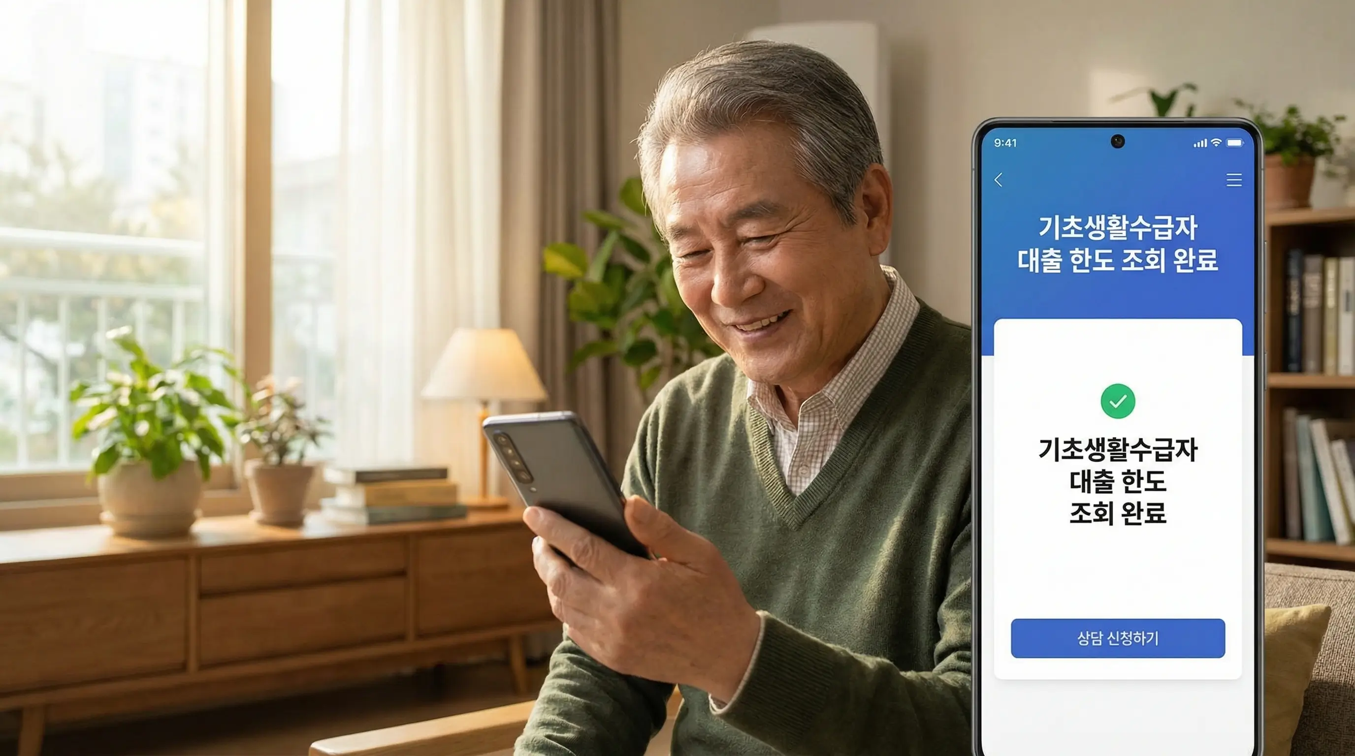 스마트폰으로 안전한 기초생활수급자 대출 한도를 조회하고 상담을 신청하는 안도하는 모습