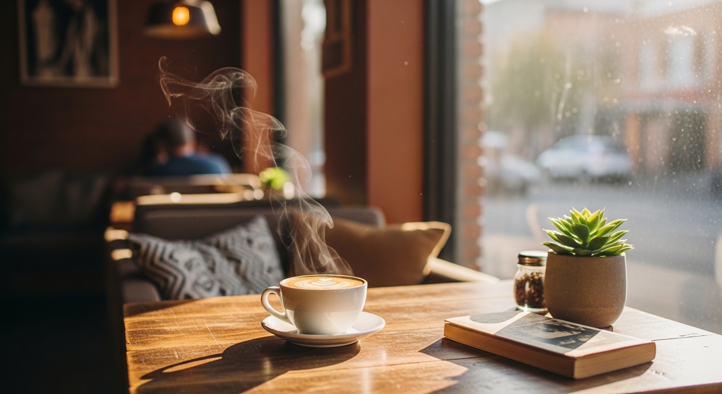 한 카페에 놓여있는 커피 한잔과 책