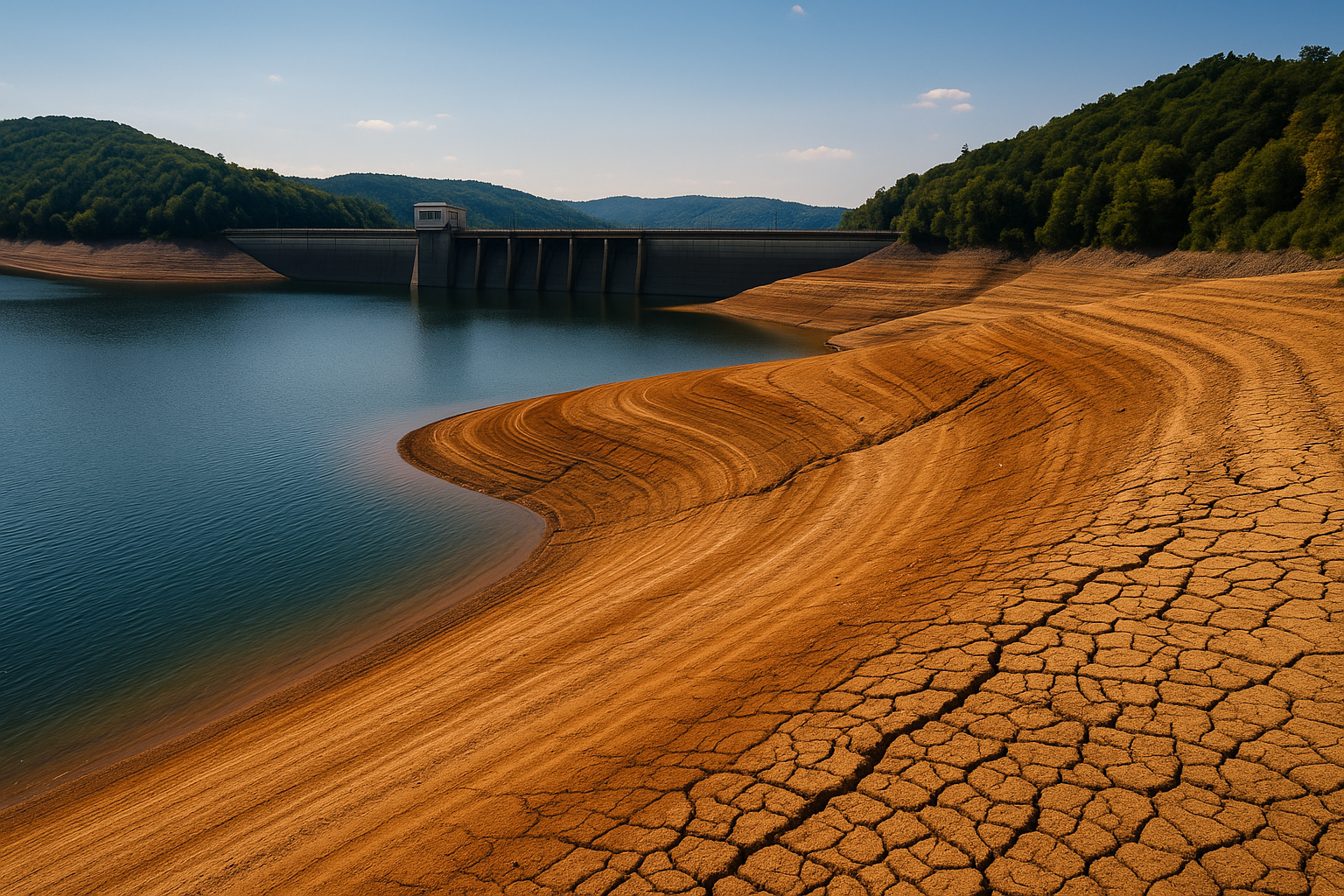 폭염에 따른 댐의 수위 저하 관련 사진