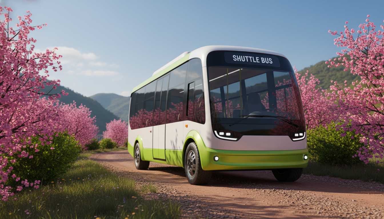 아름다운 참꽃이 핀 산길을 오르는 비슬산 친환경 전기 셔틀버스의 모습