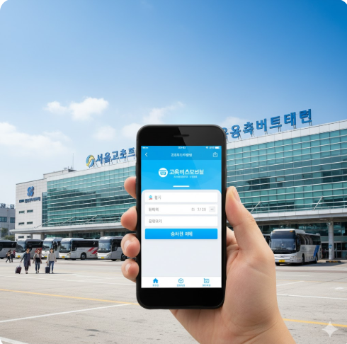 고속버스 모바일 앱 화면과 터미널 전경이 함께 보이는 이미지