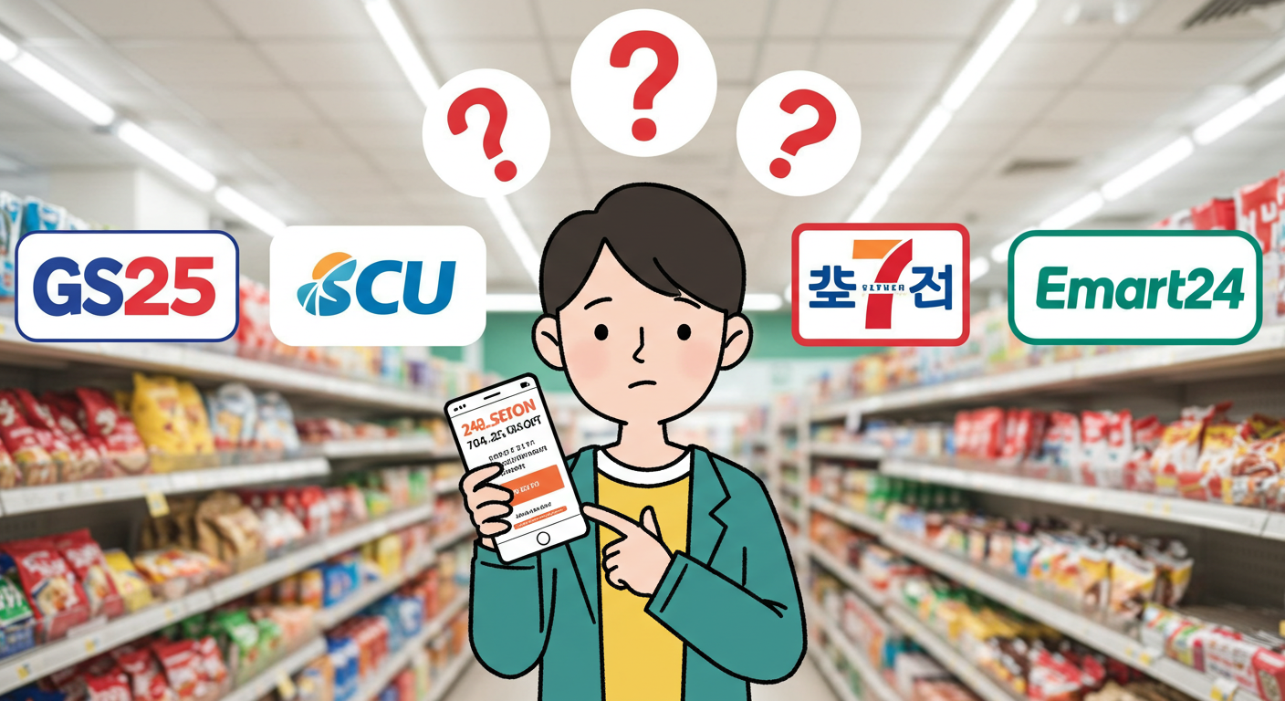 여러 편의점 브랜드 앞에서 소비쿠폰 사용 여부를 고민하는 장면의 만화풍 일러스트