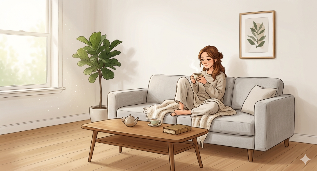 미니멀하게 정돈된 밝은 거실 소파에 편안하게 앉아 차를 마시며 휴식을 취하는 사람