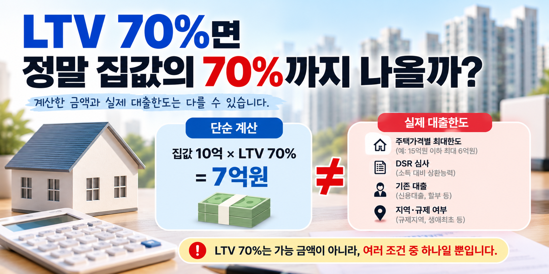 LTV 70%와 실제 주택담보대출 한도 차이 설명 이미지