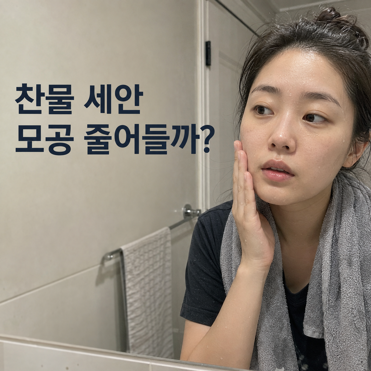 세안 후 찬물로 마무리하면 모공이 줄어드는지 고민하는 모습