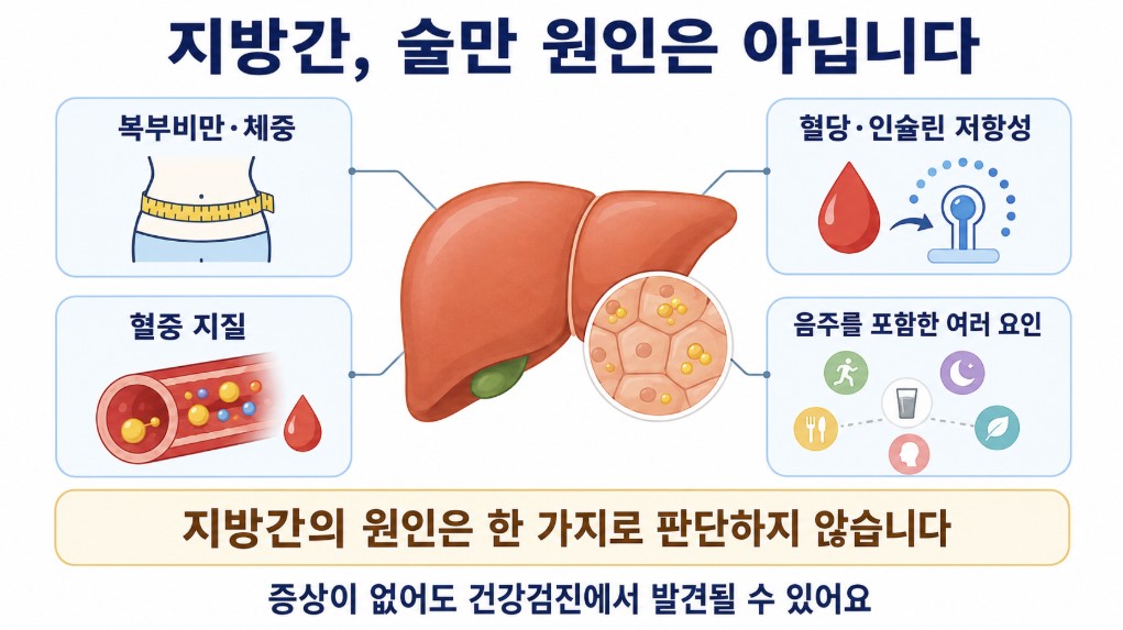 술을 마시지 않아도 복부비만 혈당 이상 혈중 지질 등 대사 건강과 관련해 지방간이 생길 수 있는 이유를 설명한 이미지