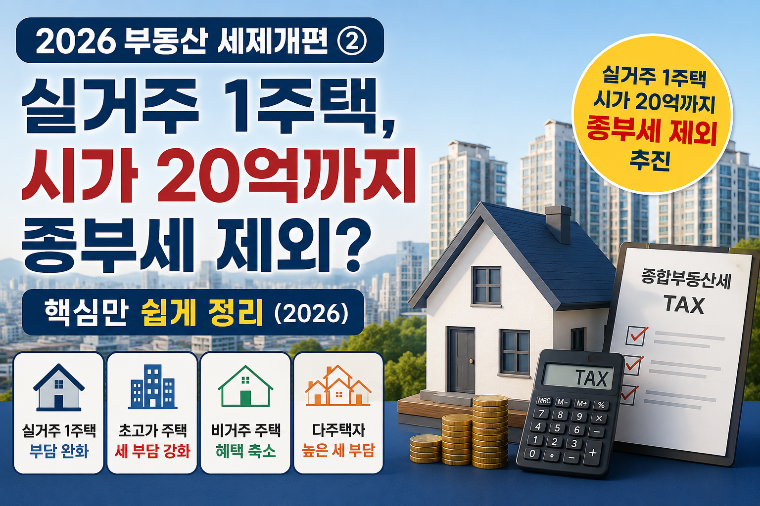 2026 부동산 세제개편 2편, 실거주 1주택 시가 20억 원까지 종부세 과세 제외 추진 핵심 정리 대표이미지