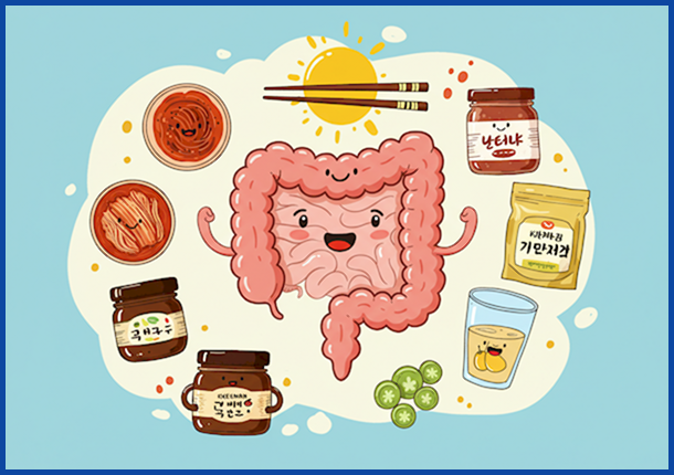 김치, 된장, 청국장, 콤부차 등 다양한 한국 발효식품들이 여름철 약해진 장을 튼튼하게 보호해주는 모습을 상징하는 일러스트.