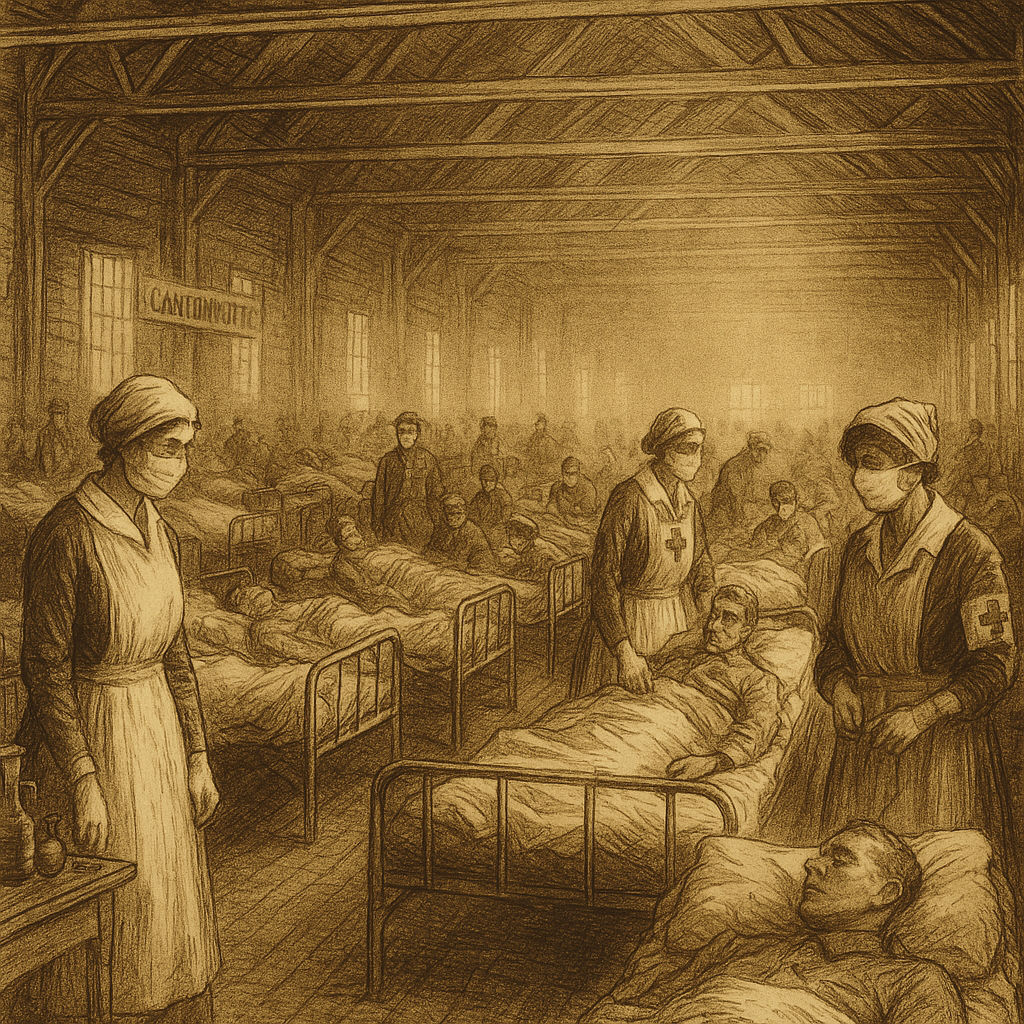 1918년 스페인 독감 환자들로 가득한 미군 임시병원 일러스트