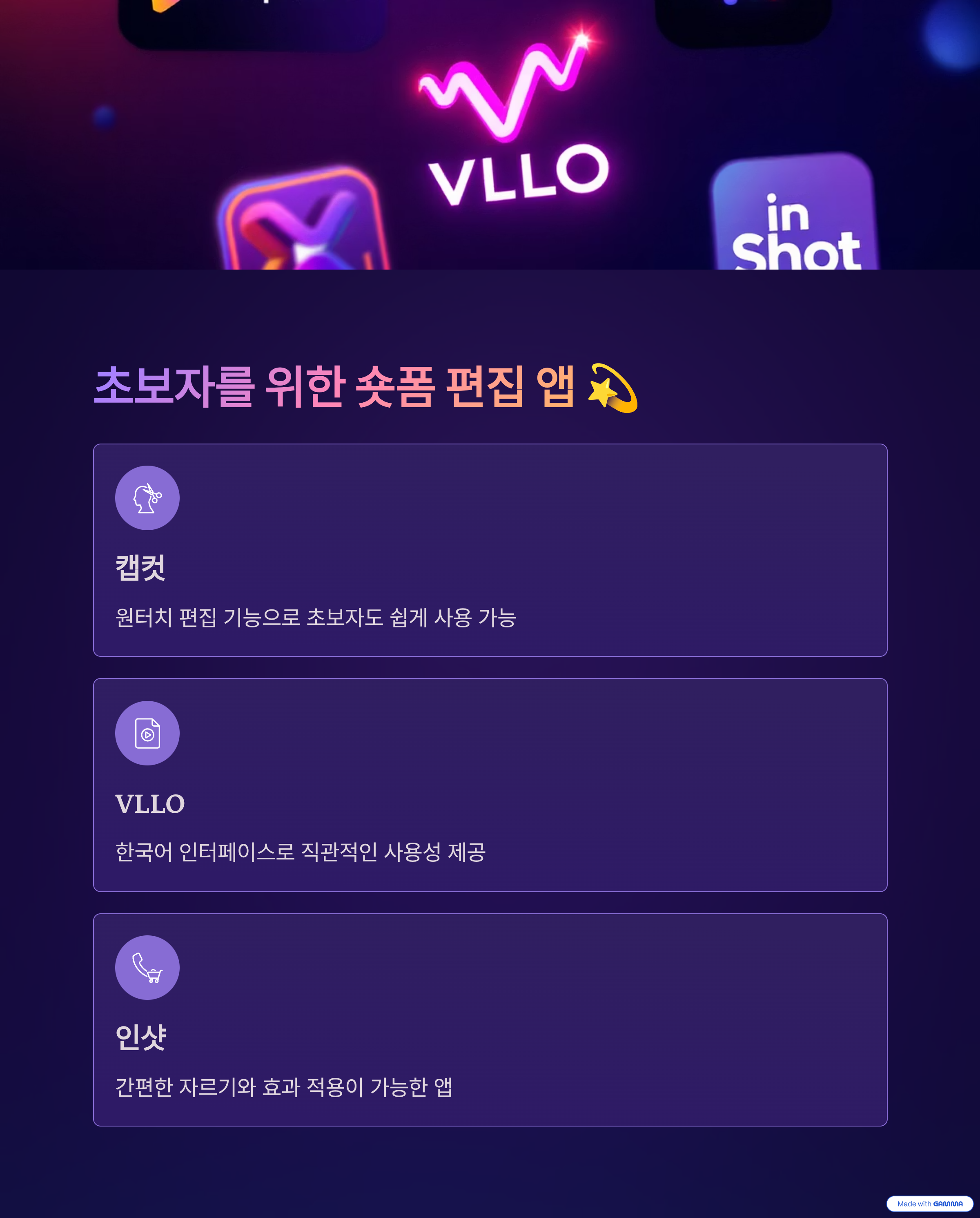스마트폰 숏폼 편집에 유용한 앱들의 로고와 설명을 담은 이미지. 캡컷, VLLO, 인샷 등 초보자에게 추천하는 앱들의 특징을 아이콘과 함께 시각적으로 강조.
