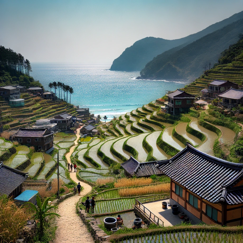 남해 다랭이마을의 아름다운 풍경을 담은 이미지 사진