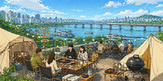 옥수선착장 루프탑에서 캠핑 바베큐를 즐기는 사람들 이미지